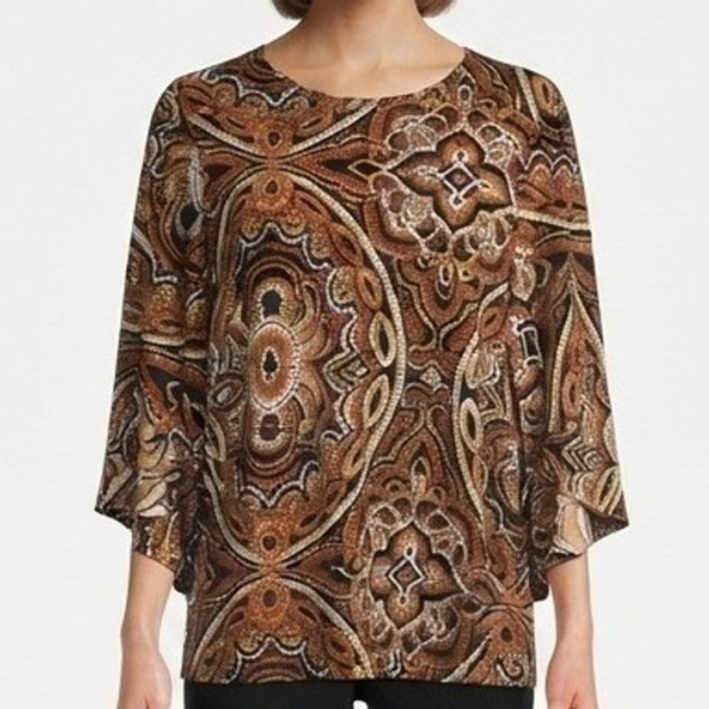 Chico's Blouse Women's 1 Medium Orange BrownMedallion  Geometric Top